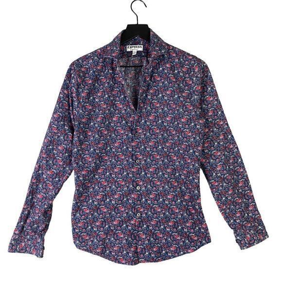 Express Men's Extra Slim Fit Floral Blue‎ Long Sleeve Button-Up Shirt S - Picture 1 of 10